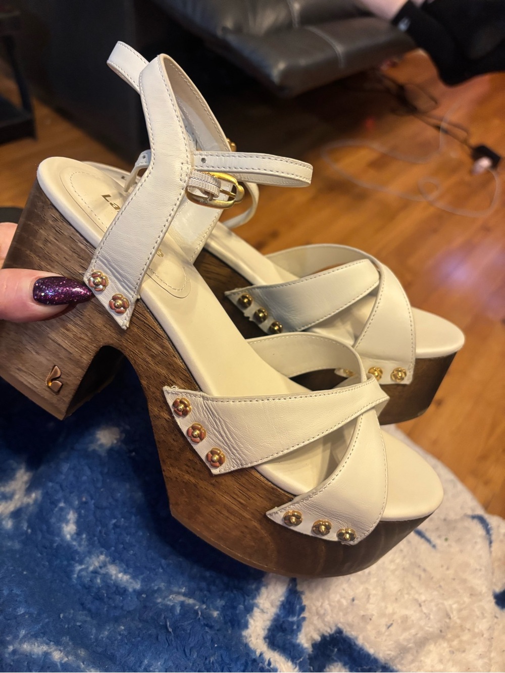 Larroude Cream Platform Sandals with Gold Studs